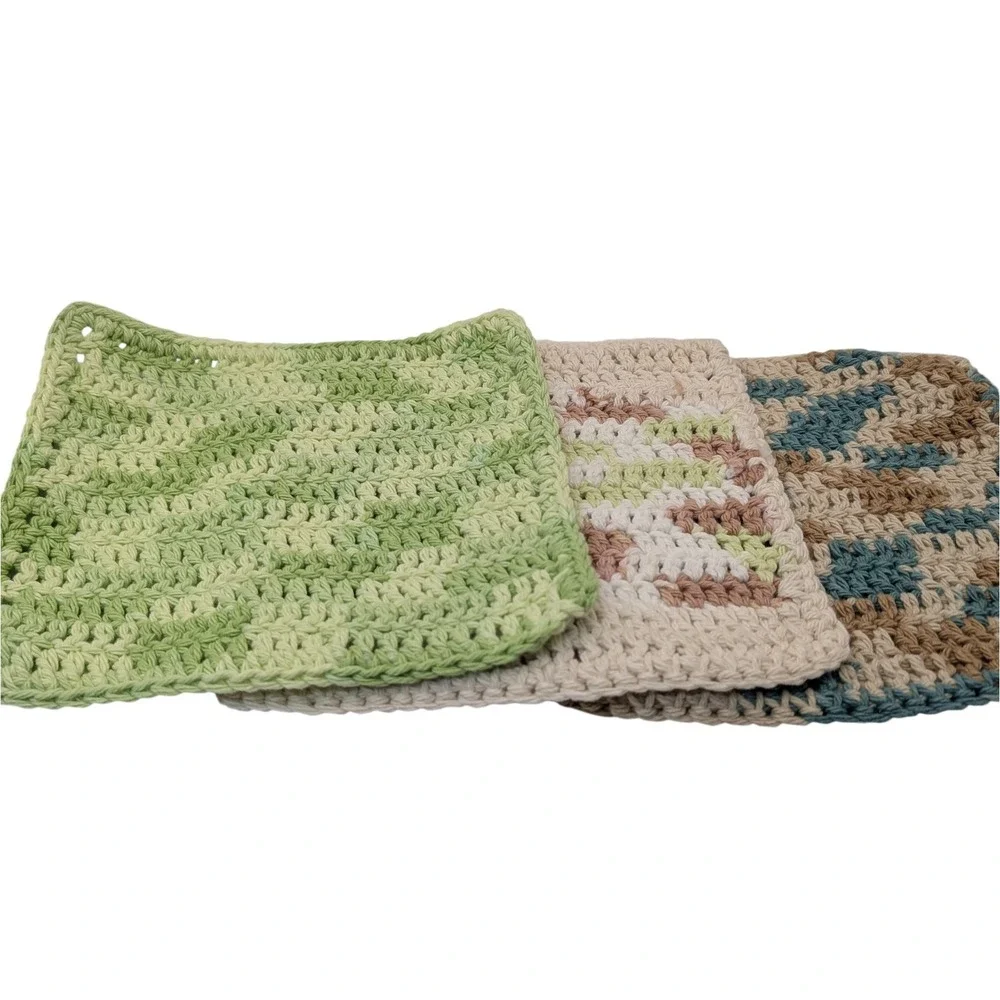 New Handmade Crocheted Potholders Hot Pads Cotton‎ Tan Blue Green Set of Three